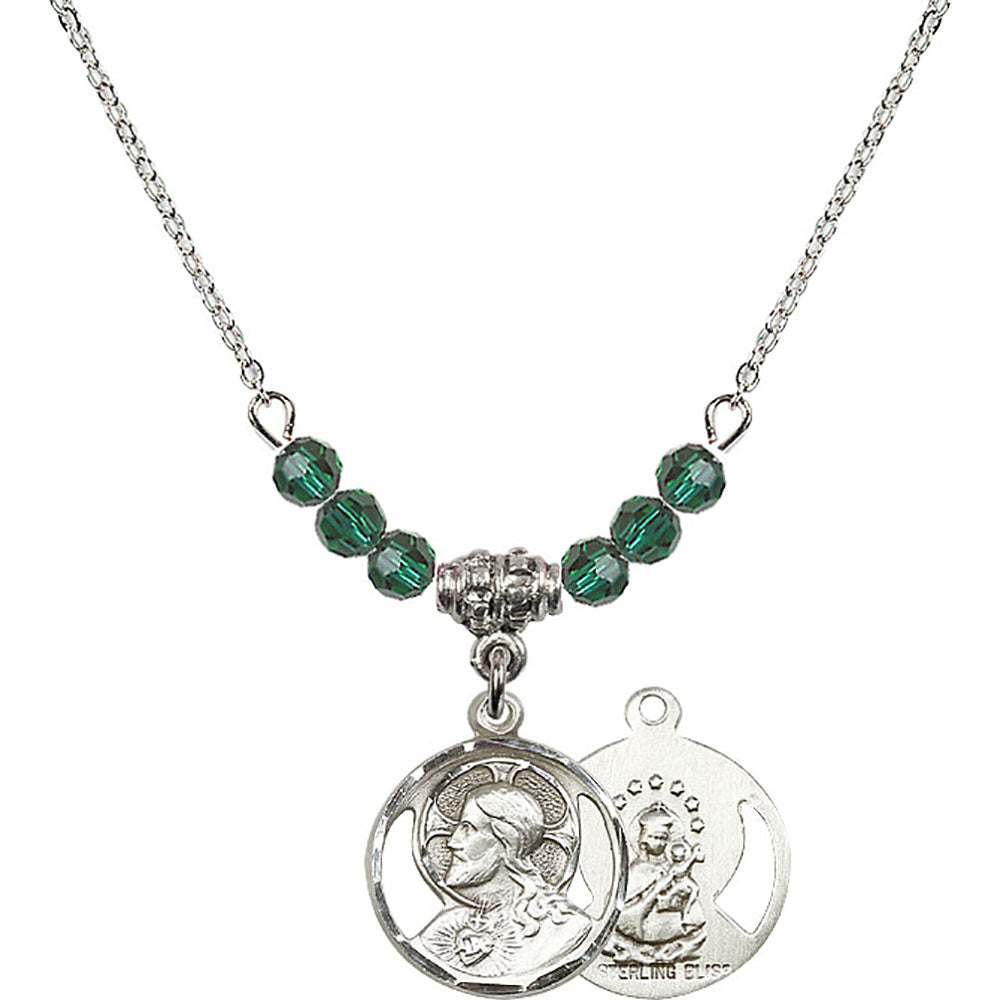 Sterling Silver Scapular Birthstone Necklace with Emerald Beads - 0611