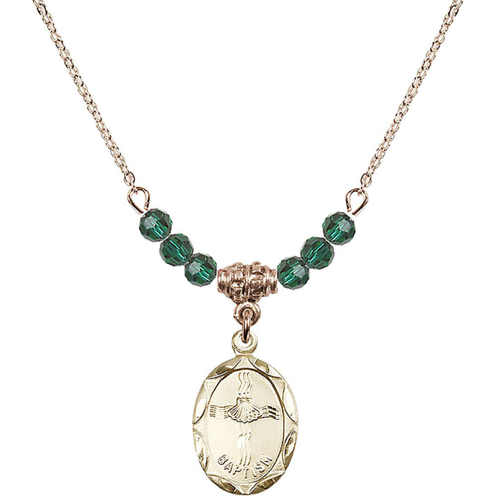 14kt Gold Filled Baptism Birthstone Necklace with Emerald Beads - 0612