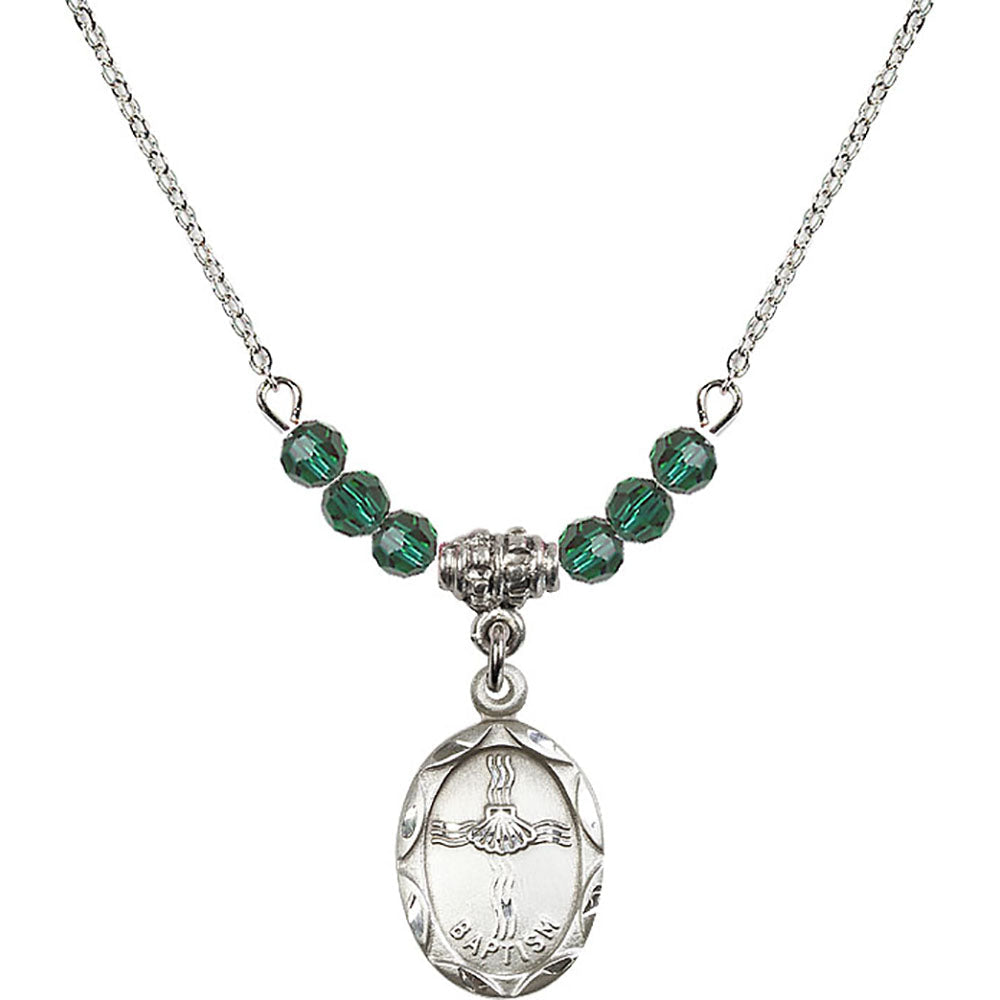 Sterling Silver Baptism Birthstone Necklace with Emerald Beads - 0612