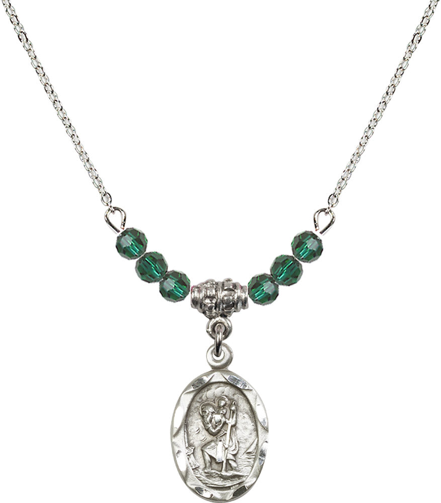 Sterling Silver Saint Christopher Birthstone Necklace with Emerald Beads - 0612