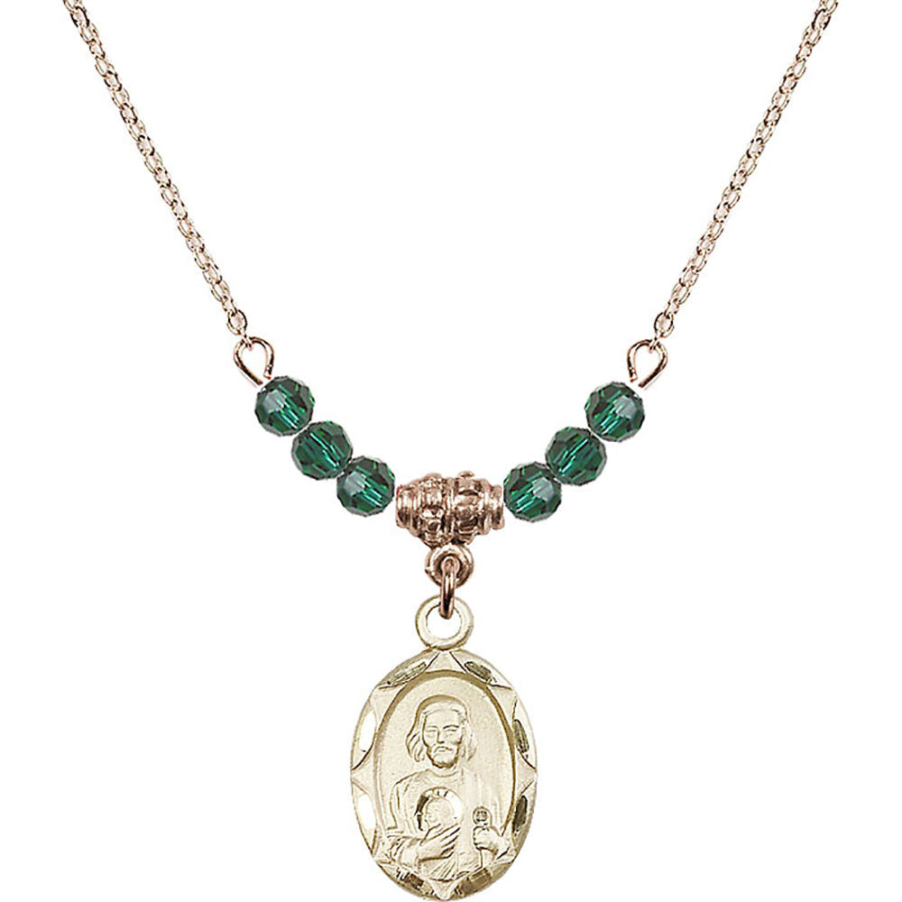 14kt Gold Filled Saint Jude Birthstone Necklace with Emerald Beads - 0612