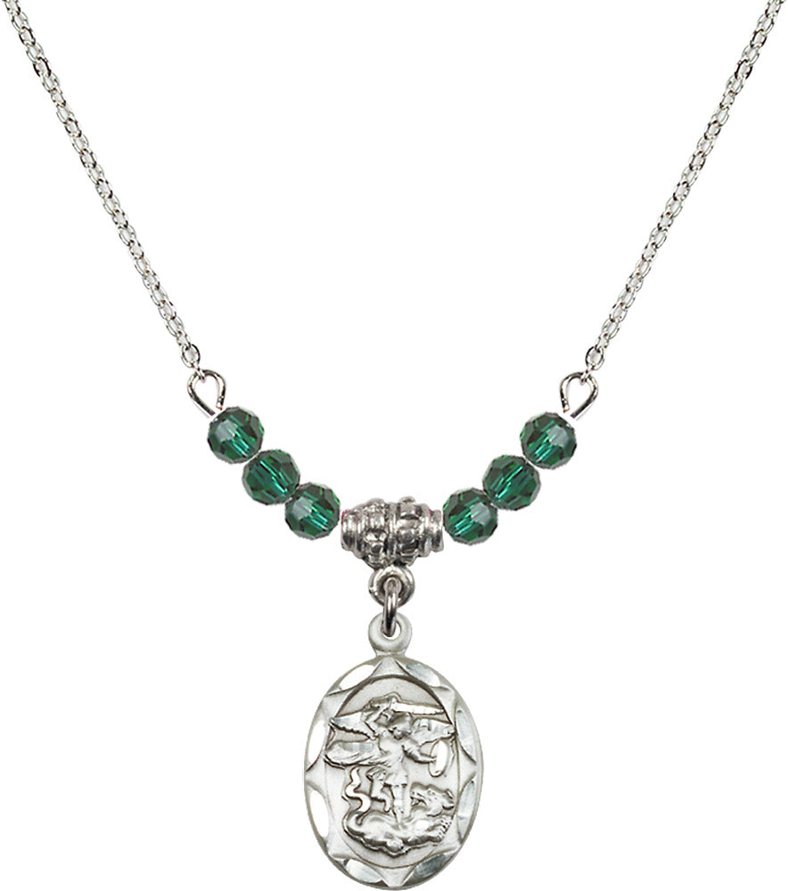 Sterling Silver Saint Michael the Archangel Birthstone Necklace with Emerald Beads - 0612