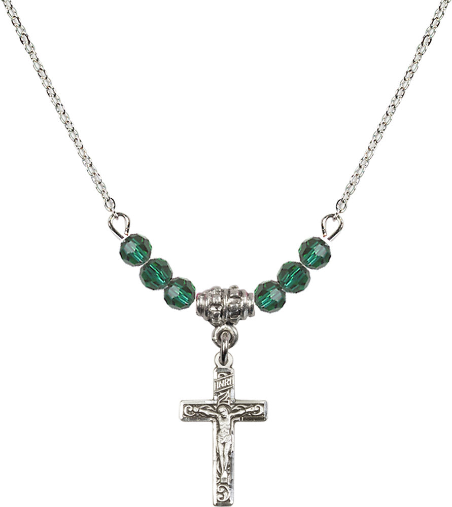 Sterling Silver Crucifix Birthstone Necklace with Emerald Beads - 0672