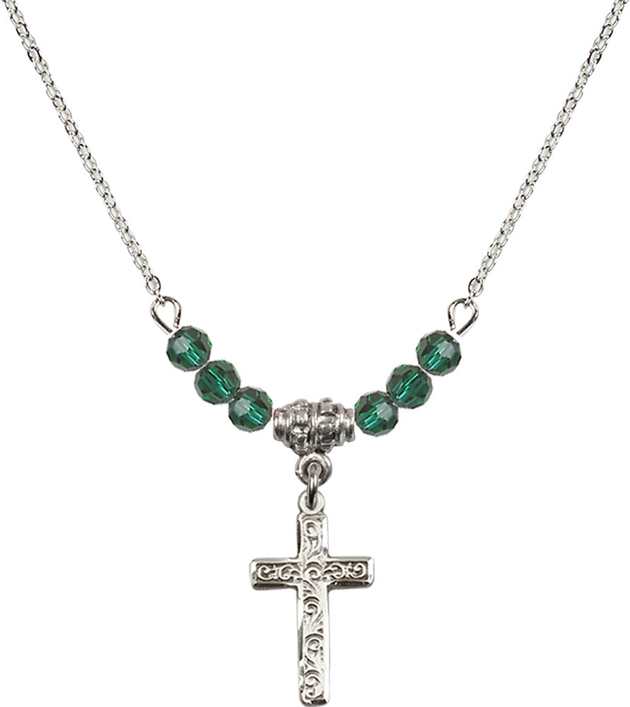Sterling Silver Cross Birthstone Necklace with Emerald Beads - 0672