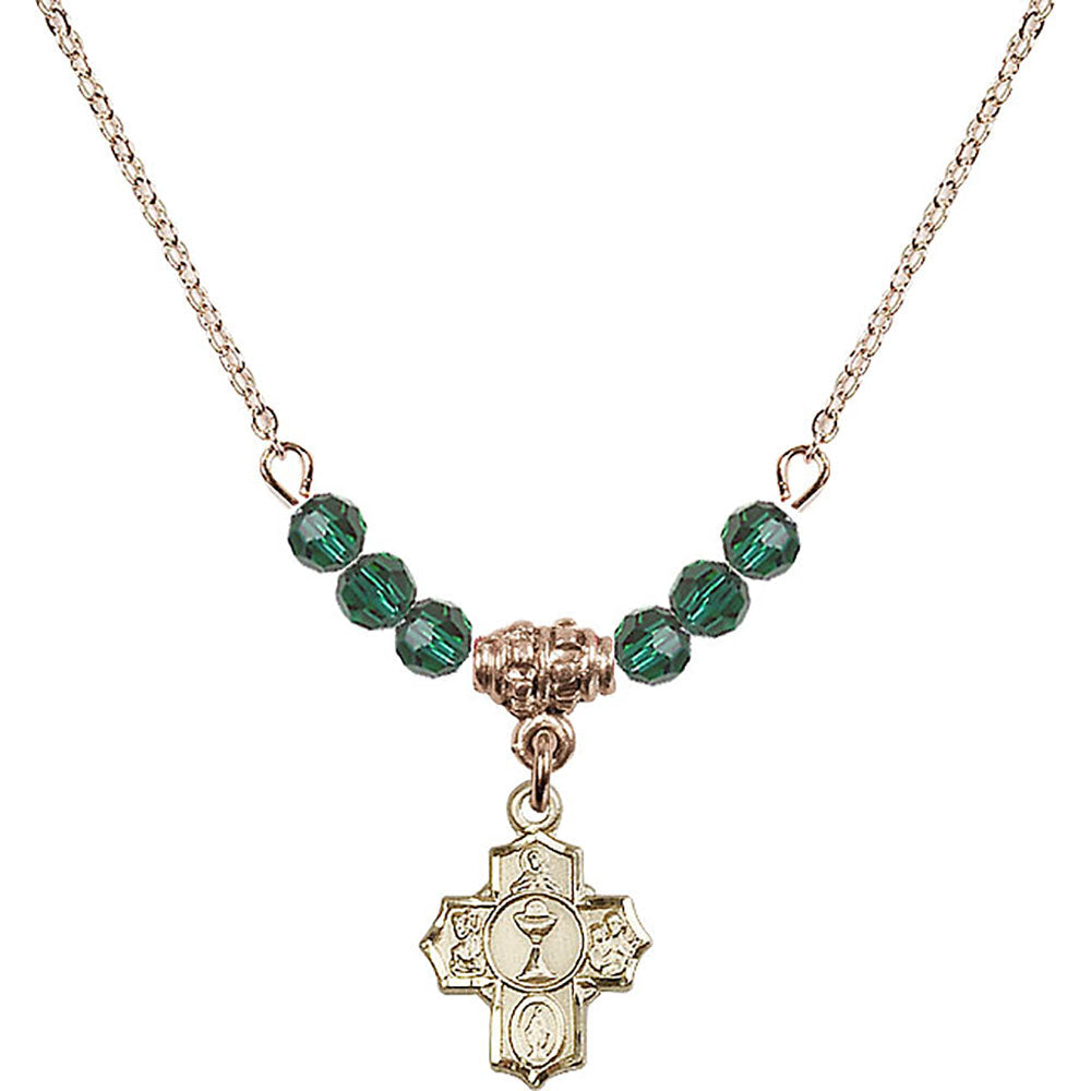 14kt Gold Filled Communion 5-Way Birthstone Necklace with Emerald Beads - 0890