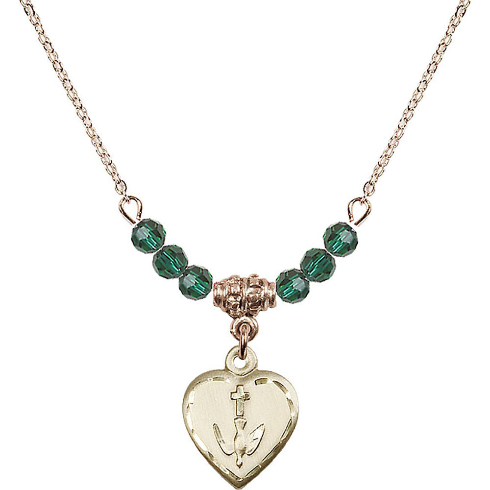 14kt Gold Filled Heart / Confirmation Birthstone Necklace with Emerald Beads - 0891