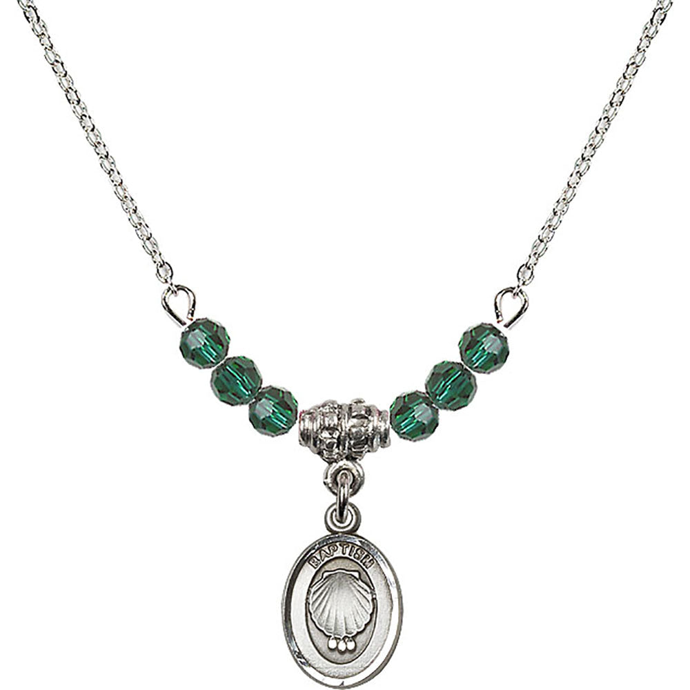 Sterling Silver Baptism Birthstone Necklace with Emerald Beads - 0974