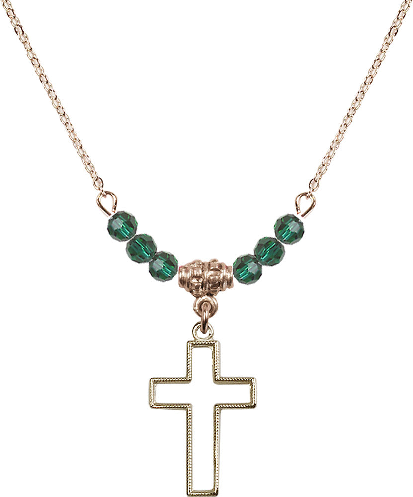 14kt Gold Filled Cross Birthstone Necklace with Emerald Beads - 1708