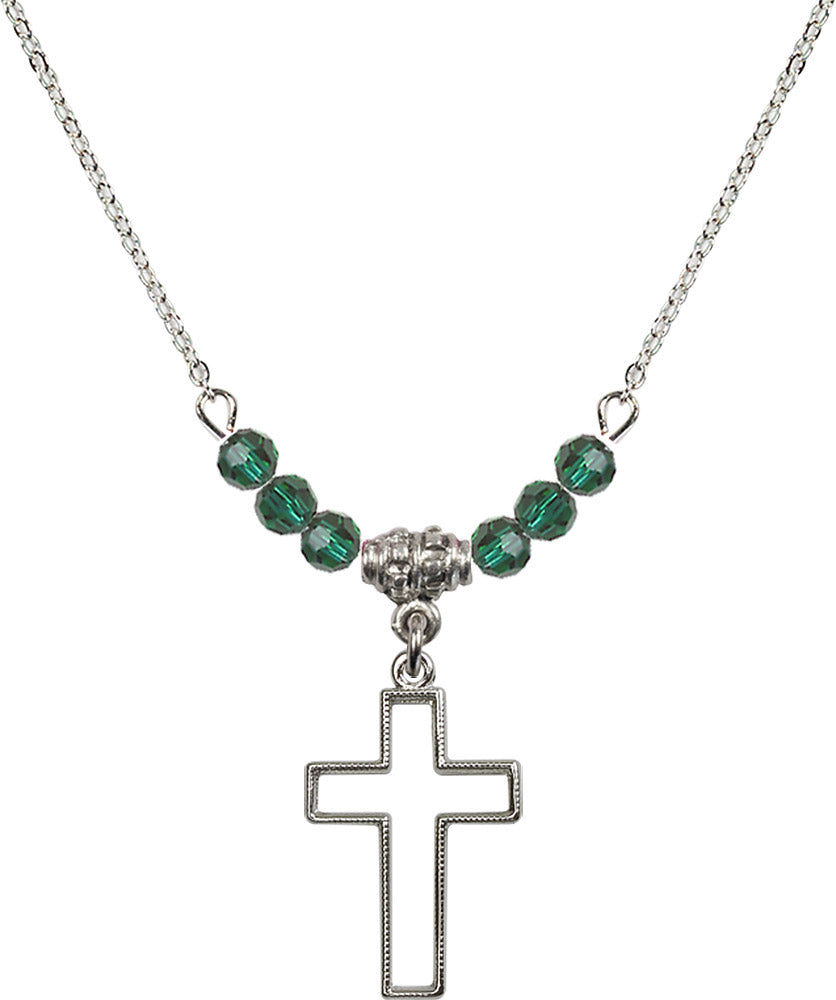 Sterling Silver Cross Birthstone Necklace with Emerald Beads - 1708