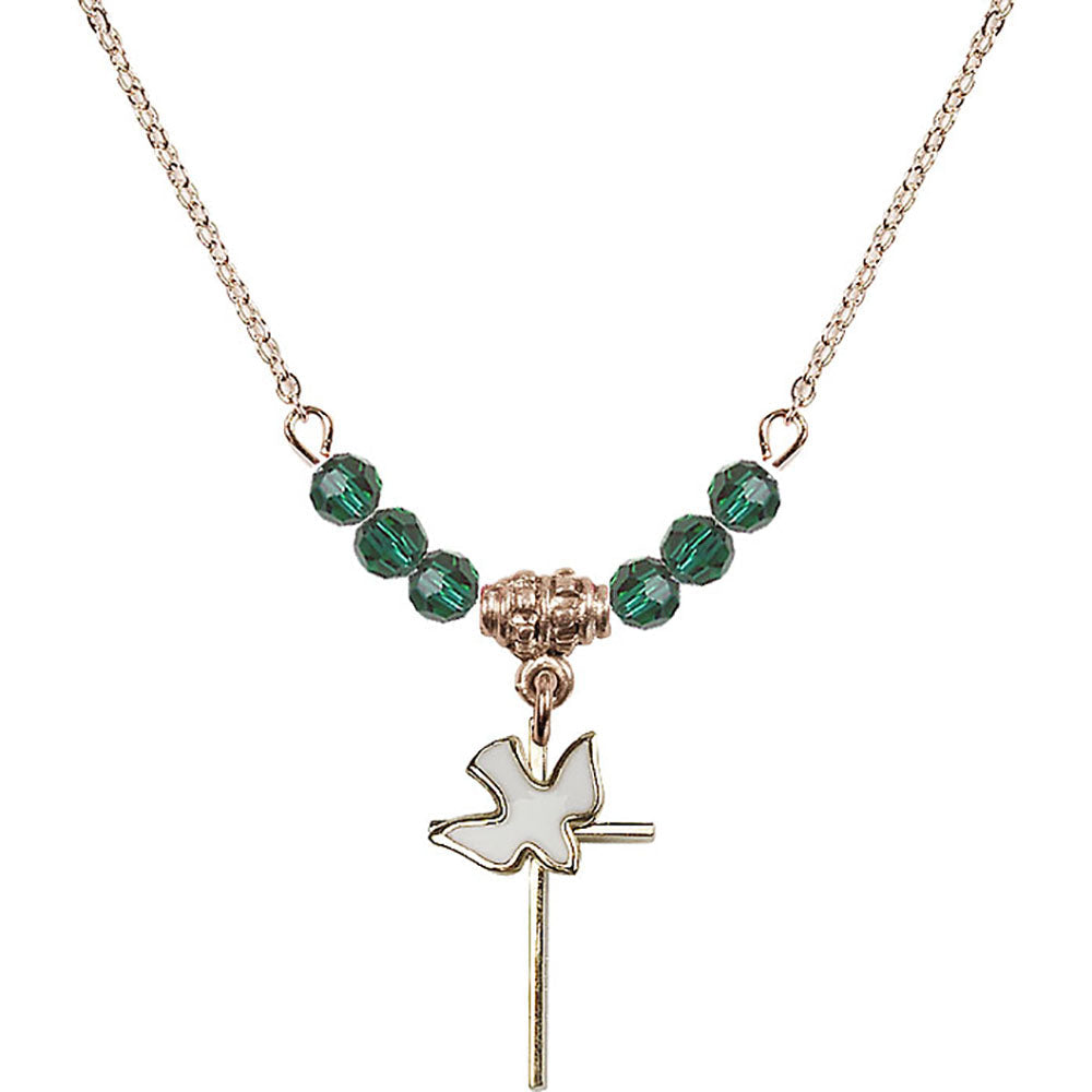 14kt Gold Filled Cross / Holy Spirit Birthstone Necklace with Emerald Beads - 1812