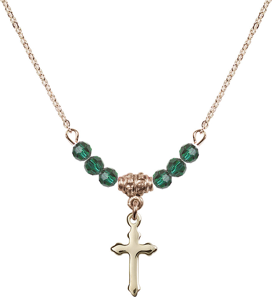 14kt Gold Filled Cross Birthstone Necklace with Emerald Beads - 2528