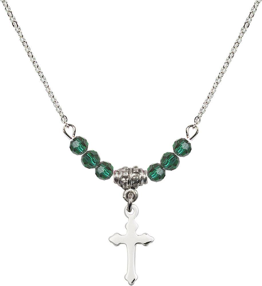 Sterling Silver Cross Birthstone Necklace with Emerald Beads - 2528