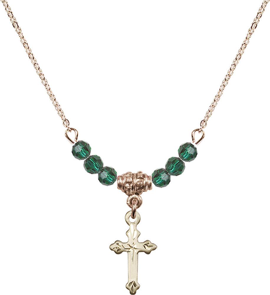 14kt Gold Filled Cross Birthstone Necklace with Emerald Beads - 2531