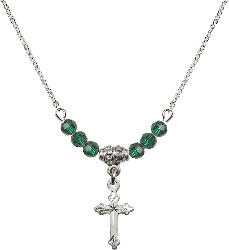 Sterling Silver Cross Birthstone Necklace with Emerald Beads - 2531