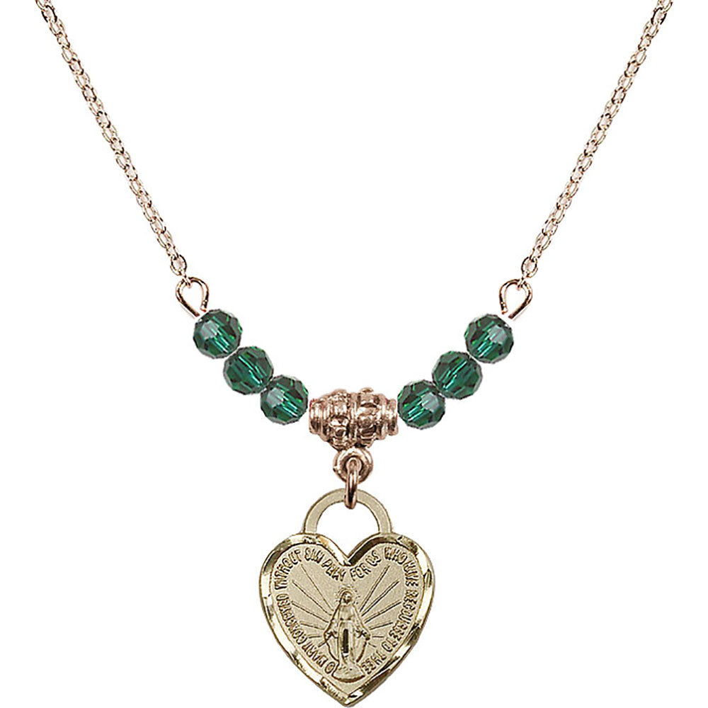 14kt Gold Filled Miraculous Heart Birthstone Necklace with Emerald Beads - 3401