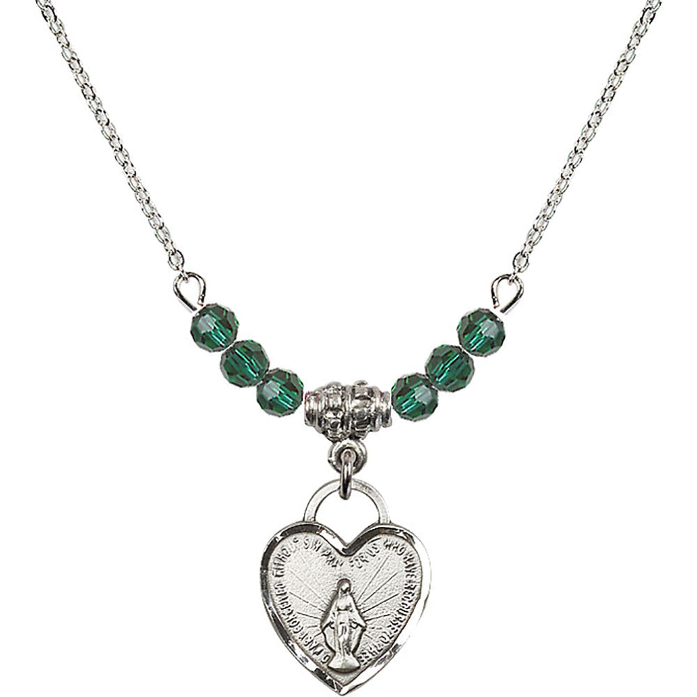 Sterling Silver Miraculous Heart Birthstone Necklace with Emerald Beads - 3401