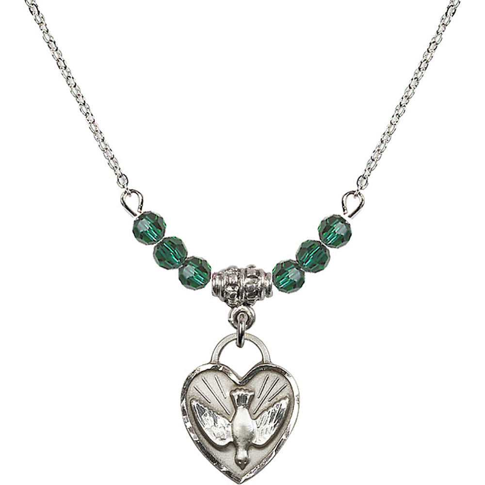 Sterling Silver Confirmation Heart Birthstone Necklace with Emerald Beads - 3405