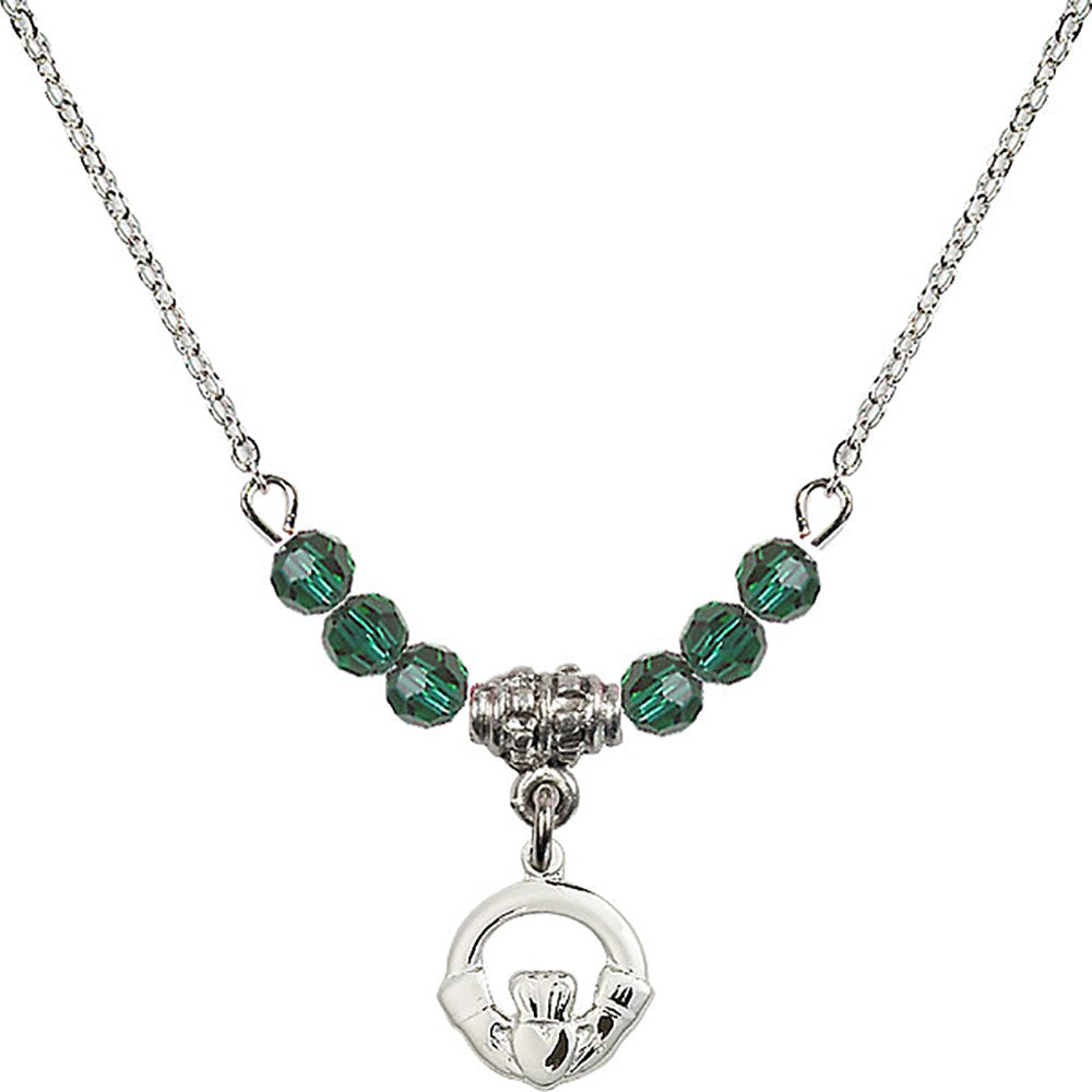 Sterling Silver Claddagh Birthstone Necklace with Emerald Beads - 4113