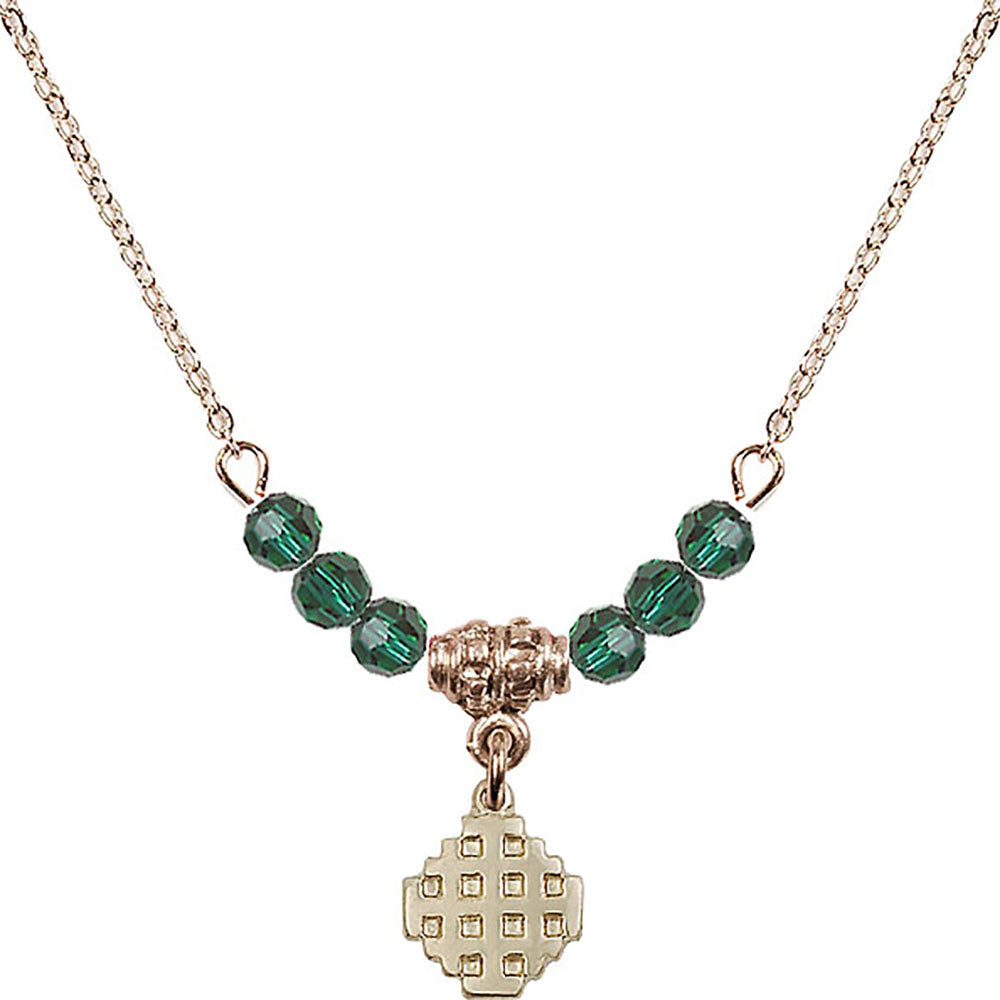 14kt Gold Filled Jerusalem Cross Birthstone Necklace with Emerald Beads - 4118