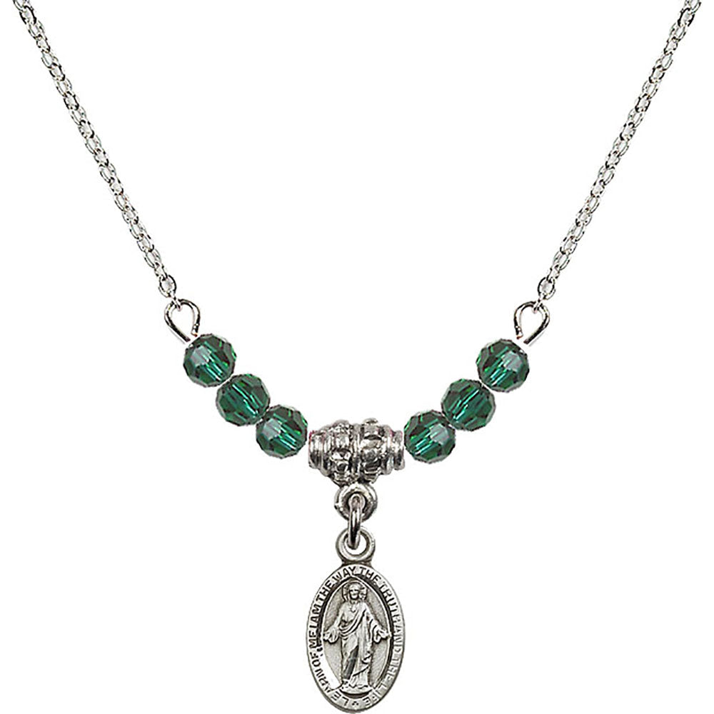Sterling Silver Scapular Birthstone Necklace with Emerald Beads - 4121