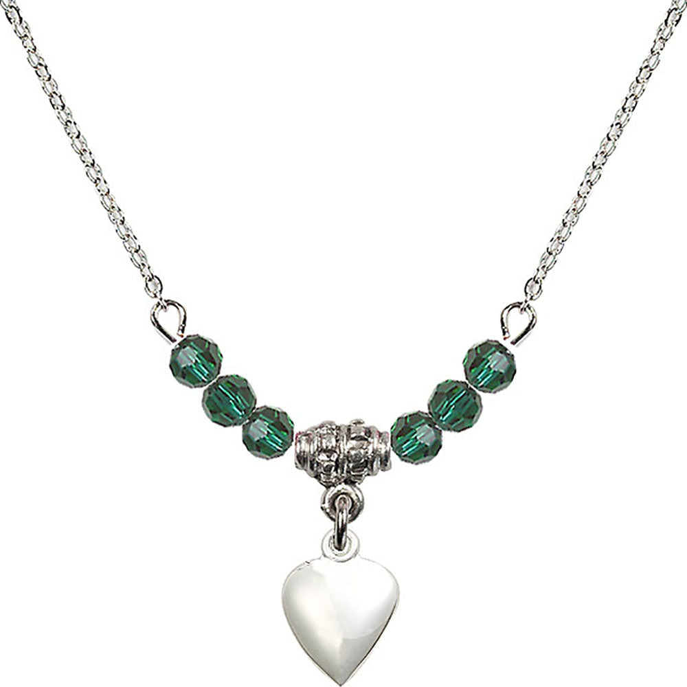 Sterling Silver Heart Birthstone Necklace with Emerald Beads - 4158