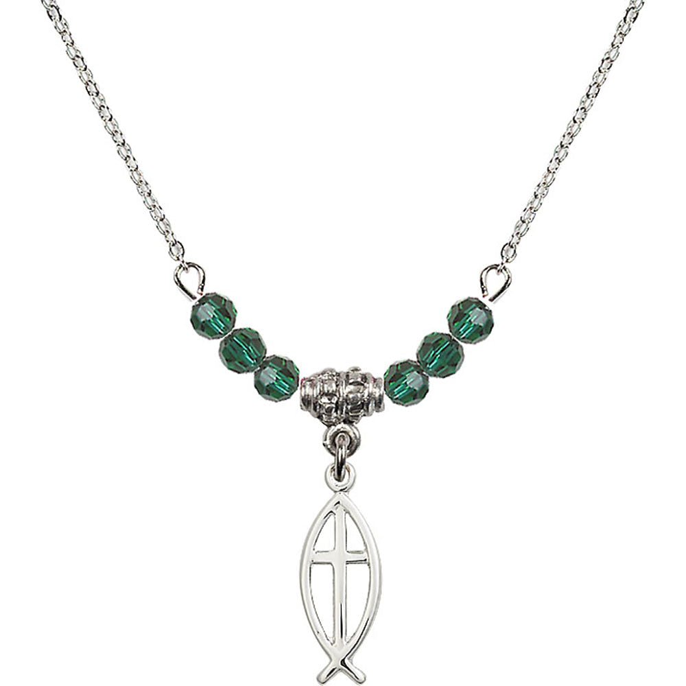 Sterling Silver Fish / Cross Birthstone Necklace with Emerald Beads - 4251