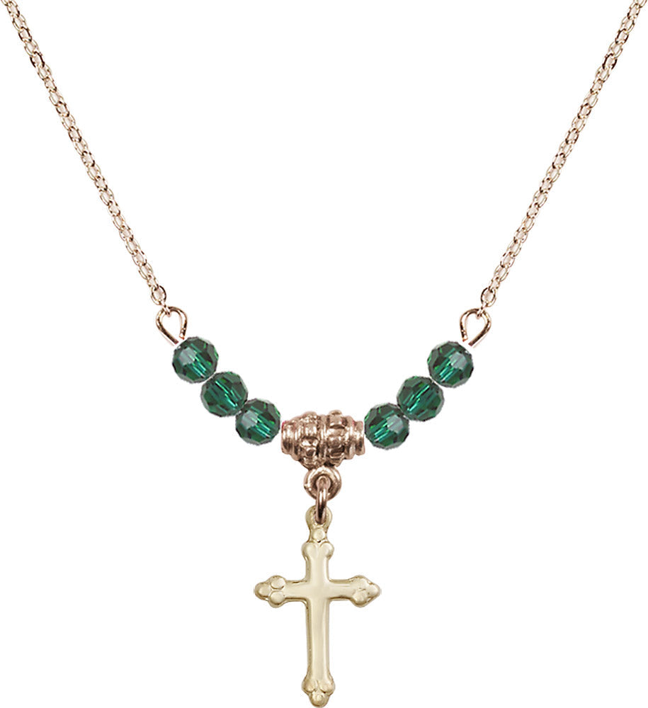 14kt Gold Filled Cross Birthstone Necklace with Emerald Beads - 5415
