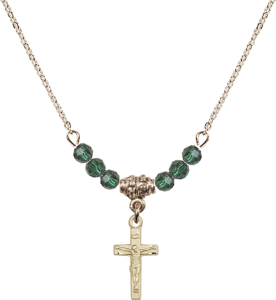 14kt Gold Filled Crucifix Birthstone Necklace with Emerald Beads - 5417