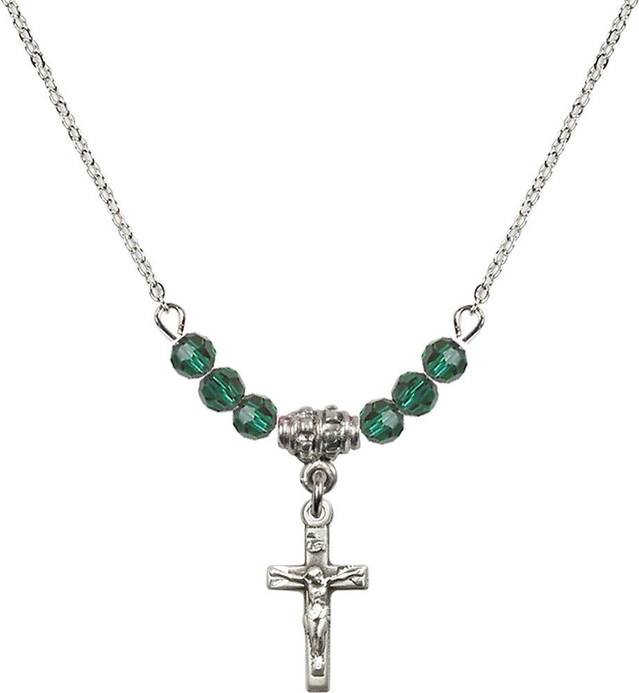 Sterling Silver Crucifix Birthstone Necklace with Emerald Beads - 5417