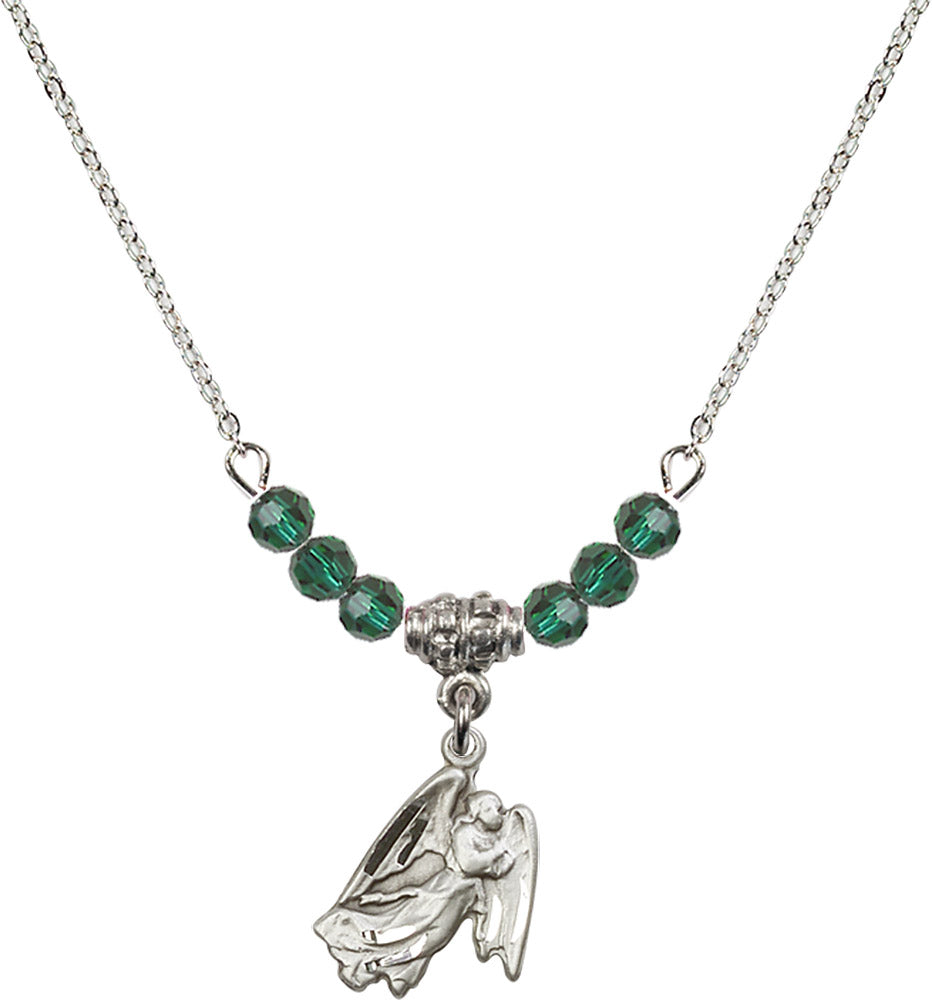 Sterling Silver Guardian Angel Birthstone Necklace with Emerald Beads - 5642