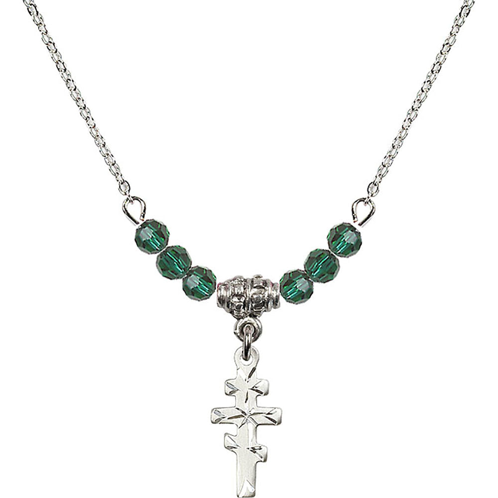 Sterling Silver Greek Orthadox Cross Birthstone Necklace with Emerald Beads - 5654