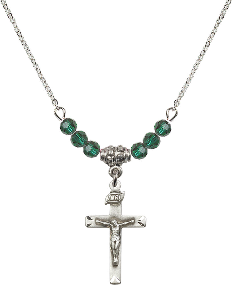 Sterling Silver Crucifix Birthstone Necklace with Emerald Beads - 5668
