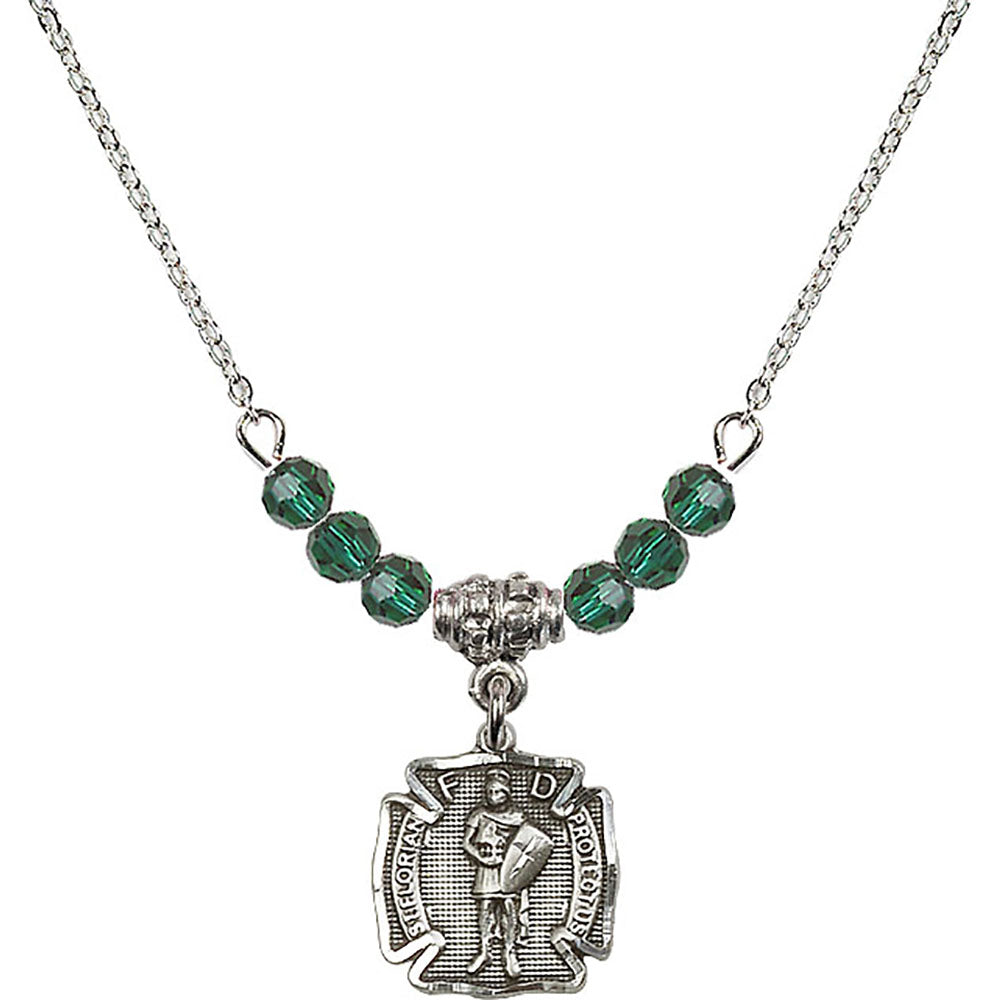 Sterling Silver Saint Florian Birthstone Necklace with Emerald Beads - 5686
