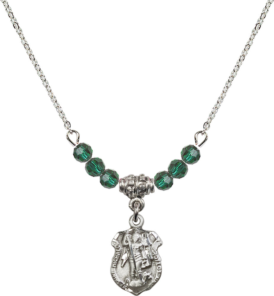 Sterling Silver Saint Michael the Archangel Birthstone Necklace with Emerald Beads - 5699