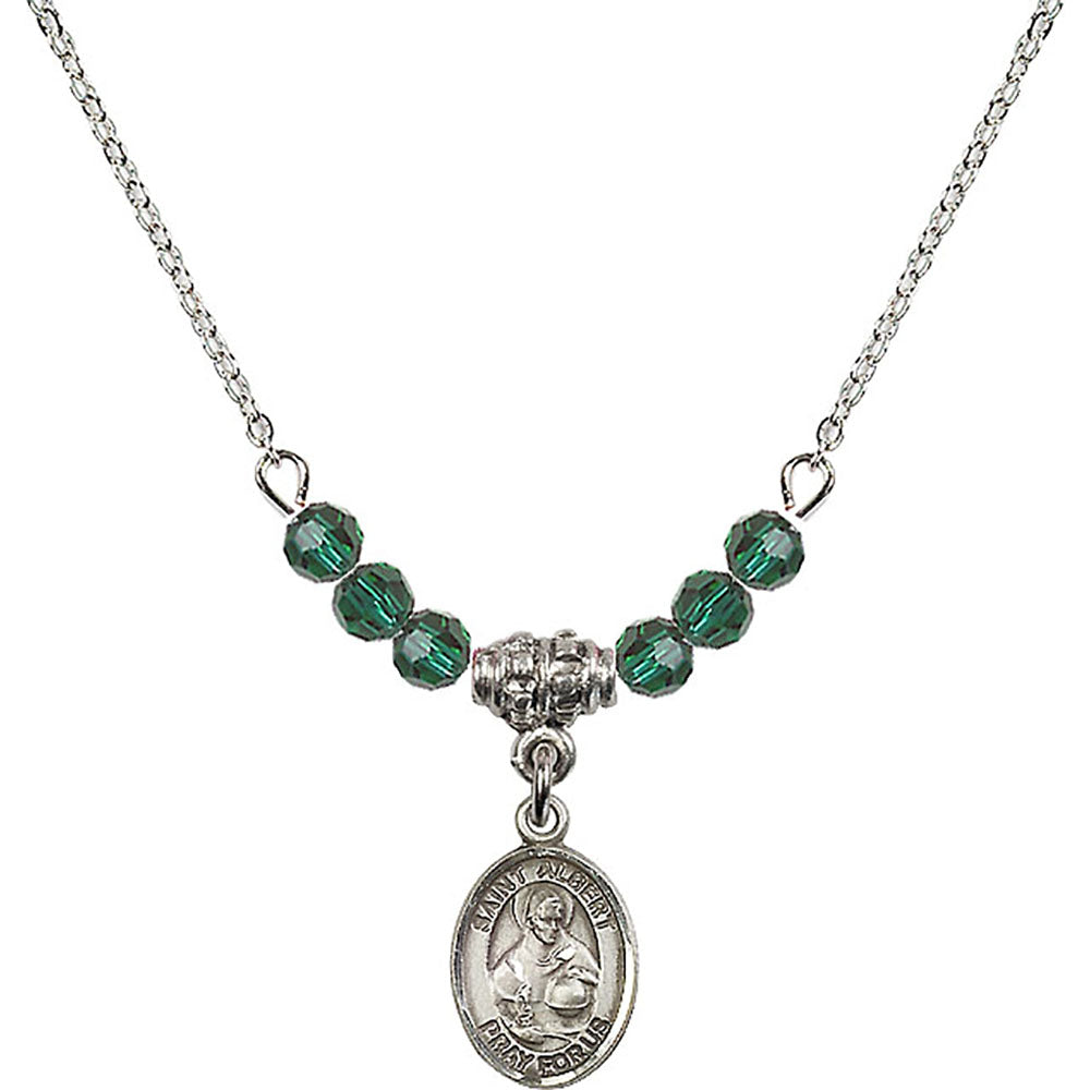 Sterling Silver Saint Albert the Great Birthstone Necklace with Emerald Beads - 9001
