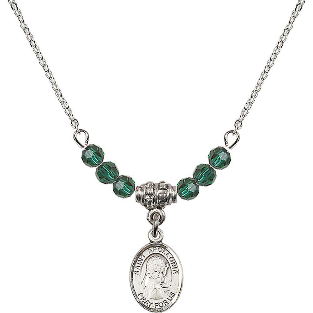 Sterling Silver Saint Apollonia Birthstone Necklace with Emerald Beads - 9005