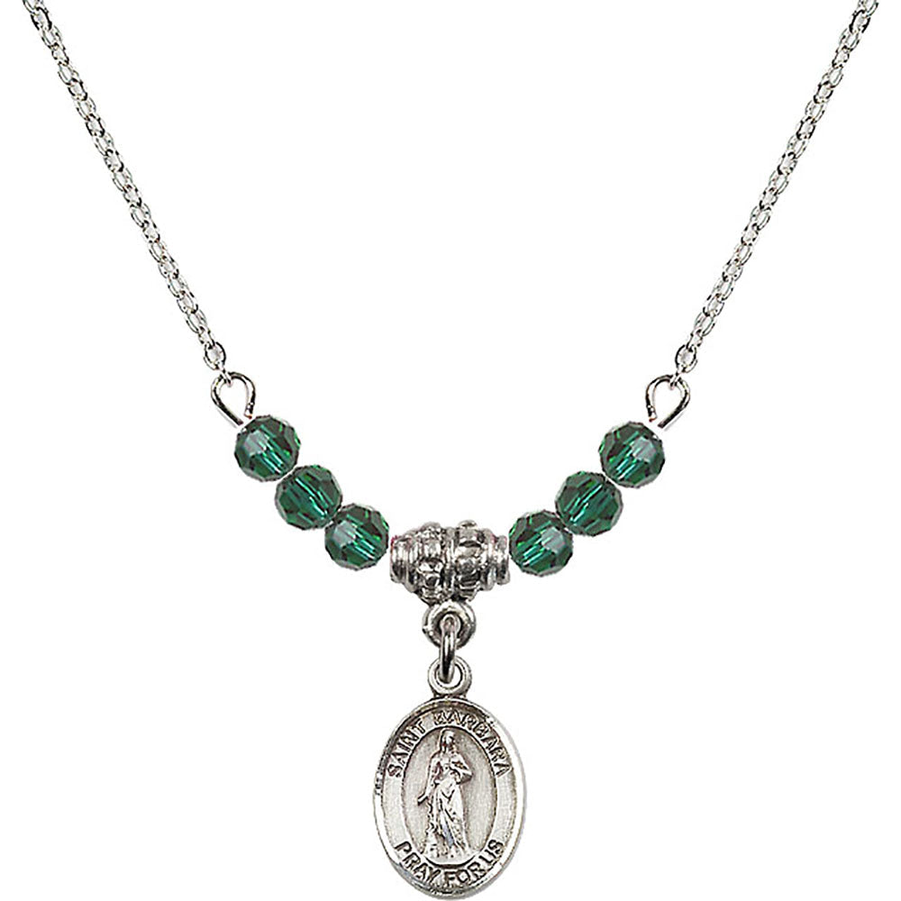 Sterling Silver Saint Barbara Birthstone Necklace with Emerald Beads - 9006