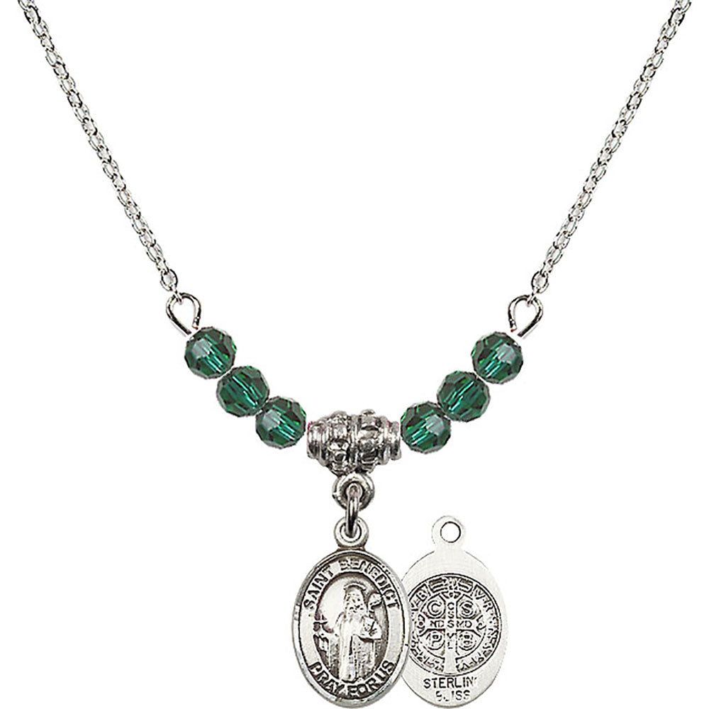 Sterling Silver Saint Benedict Birthstone Necklace with Emerald Beads - 9008