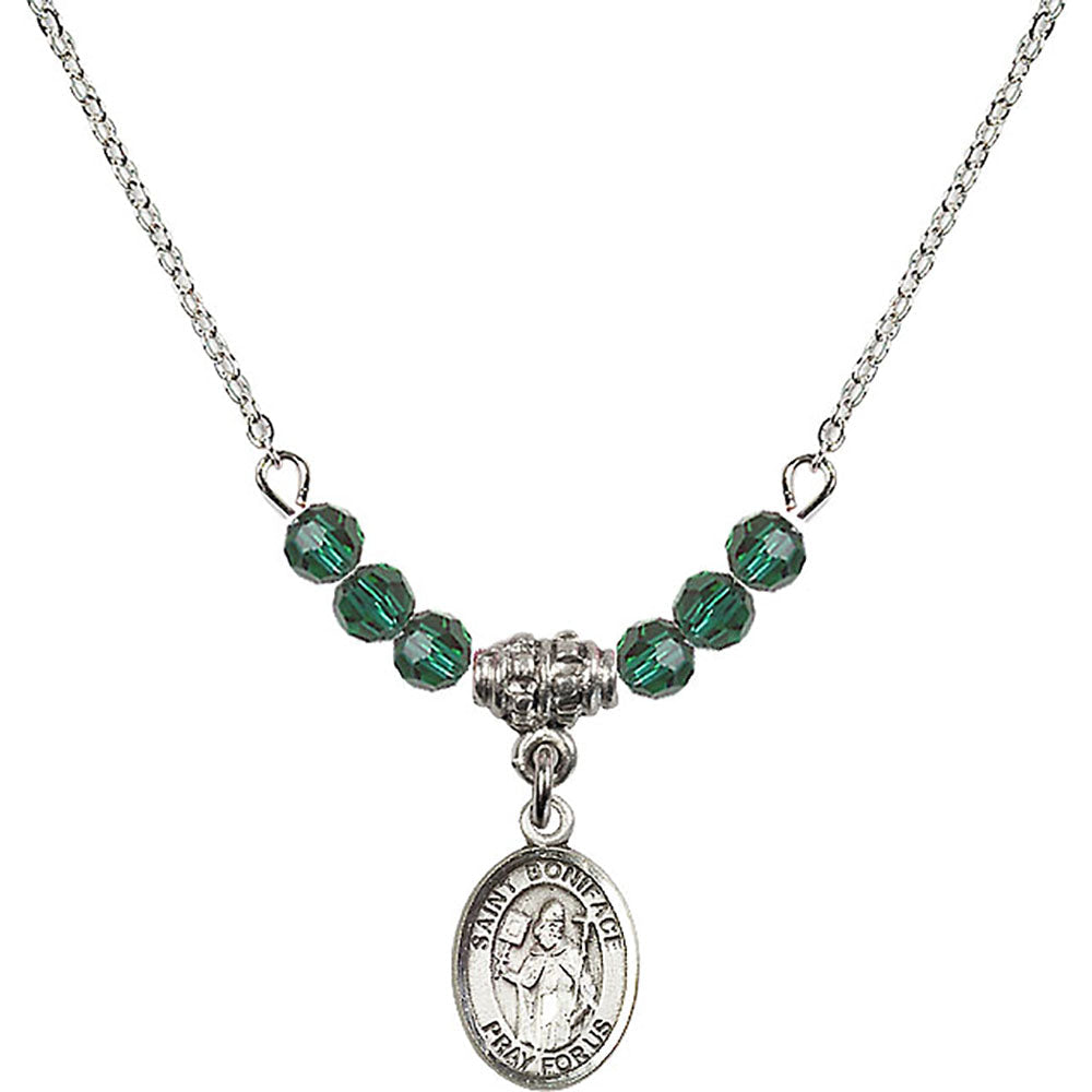 Sterling Silver Saint Boniface Birthstone Necklace with Emerald Beads - 9009