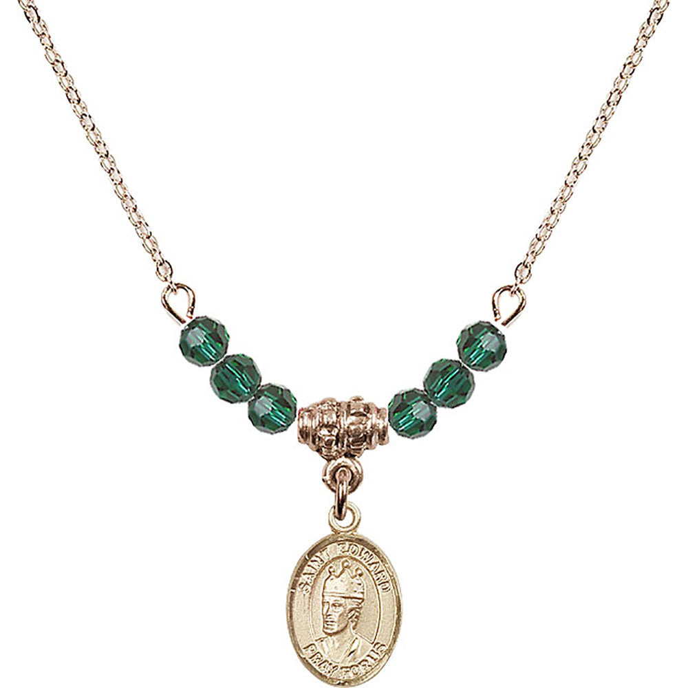14kt Gold Filled Saint Edward the Confessor Birthstone Necklace with Emerald Beads - 9026