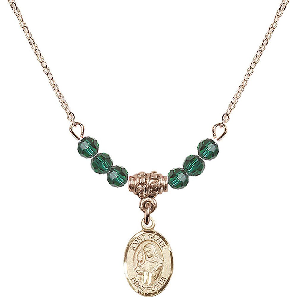 14kt Gold Filled Saint Clare of Assisi Birthstone Necklace with Emerald Beads - 9028