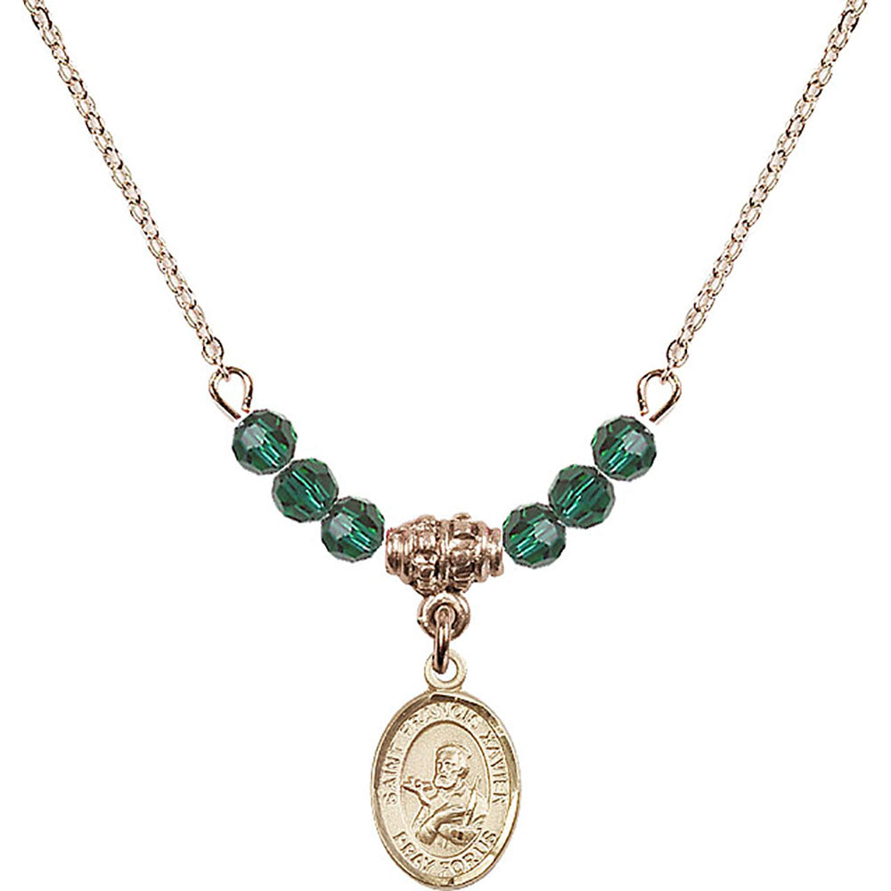 14kt Gold Filled Saint Francis Xavier Birthstone Necklace with Emerald Beads - 9037