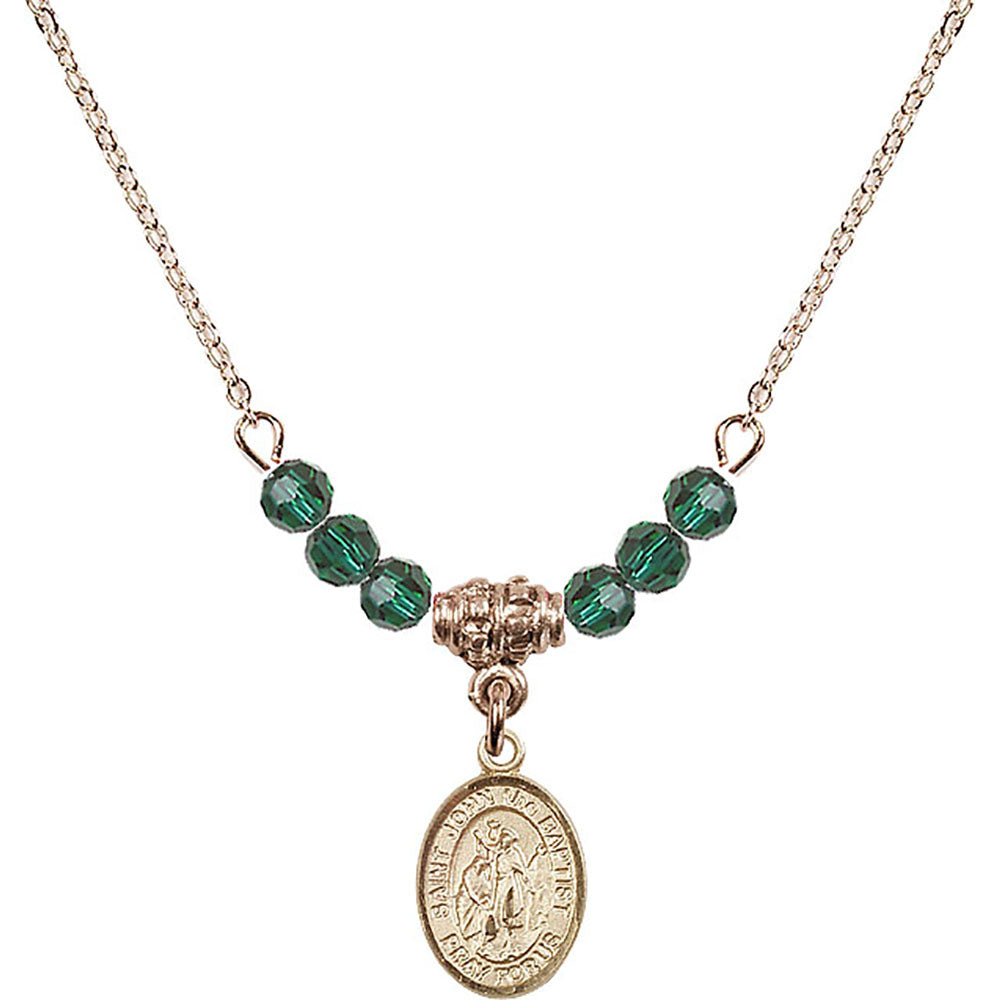 14kt Gold Filled Saint John the Baptist Birthstone Necklace with Emerald Beads - 9054