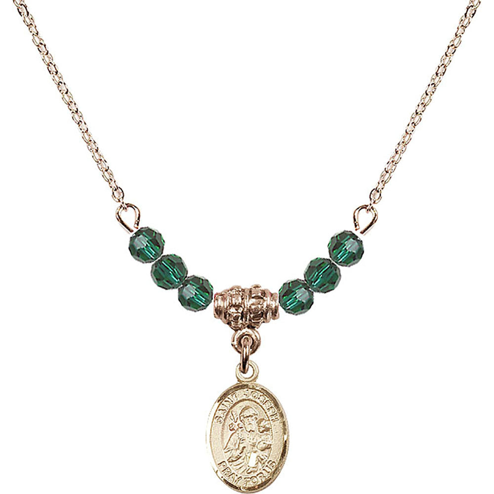 14kt Gold Filled Saint Joseph Birthstone Necklace with Emerald Beads - 9058