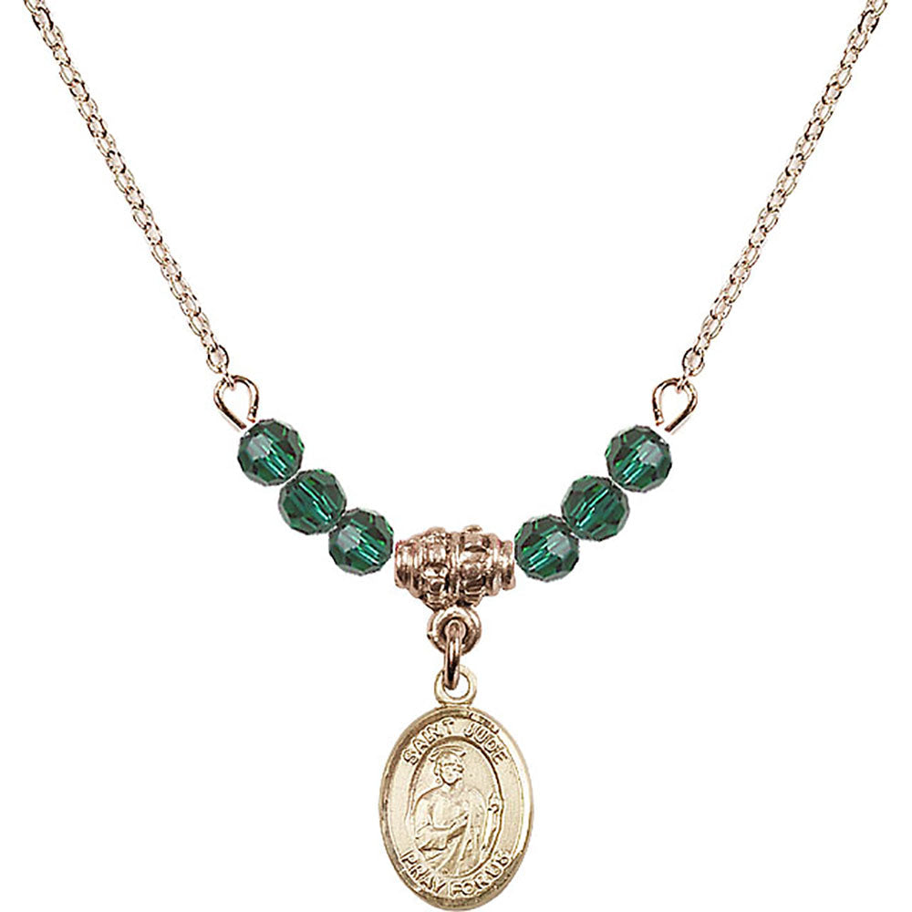14kt Gold Filled Saint Jude Thaddeus Birthstone Necklace with Emerald Beads - 9060
