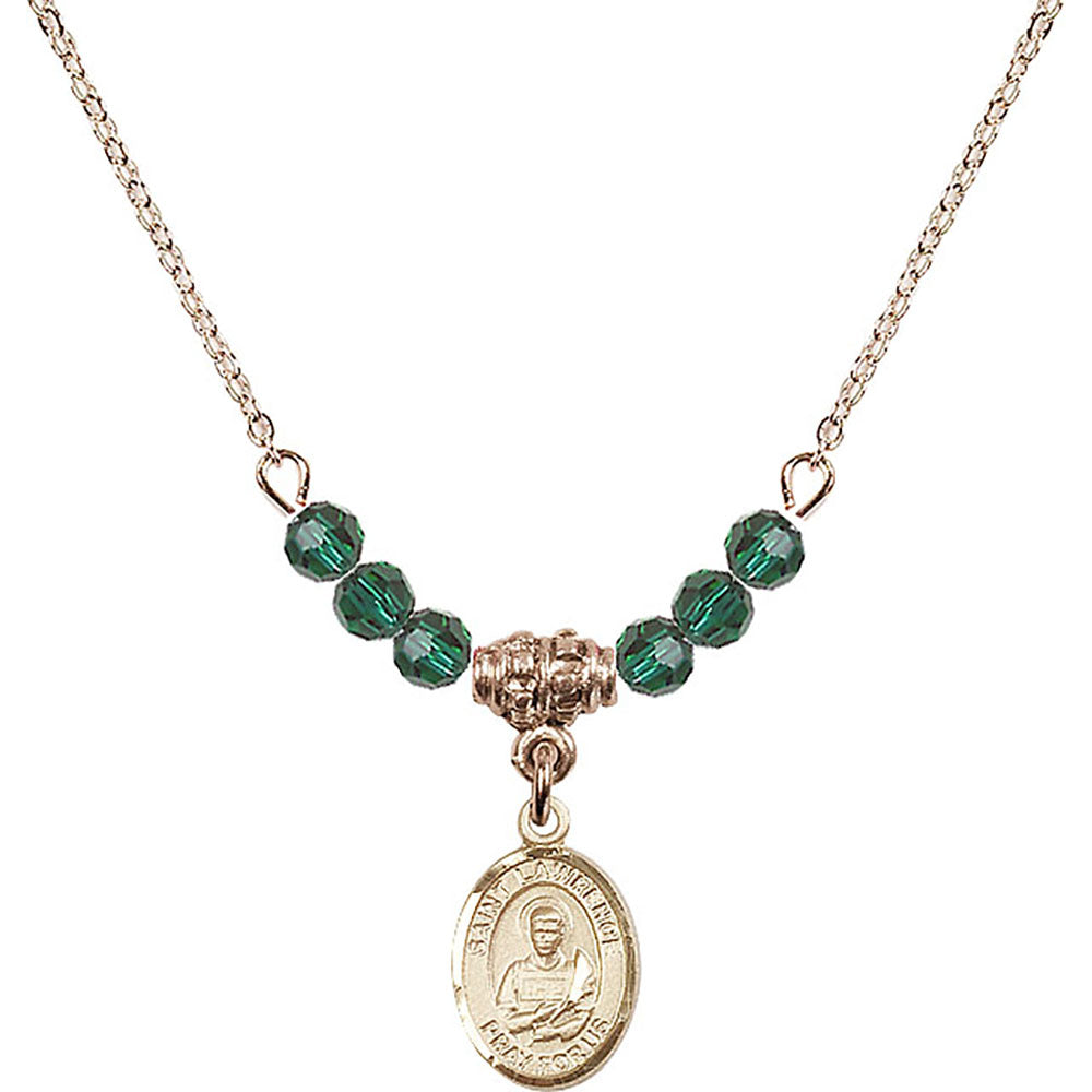 14kt Gold Filled Saint Lawrence Birthstone Necklace with Emerald Beads - 9063