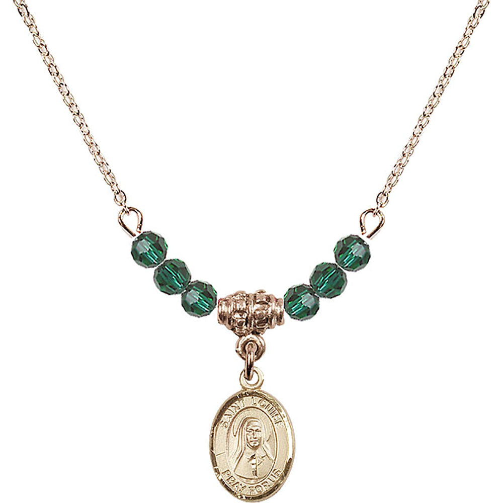 14kt Gold Filled Saint Louise de Marillac Birthstone Necklace with Emerald Beads - 9064