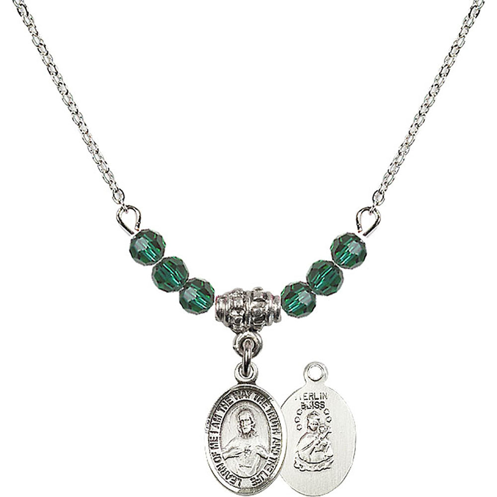 Sterling Silver Scapular Birthstone Necklace with Emerald Beads - 9098