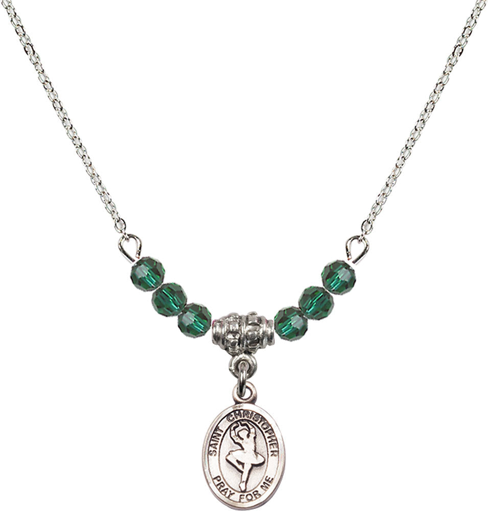 Sterling Silver Saint Christopher/Dance Birthstone Necklace with Emerald Beads - 9143