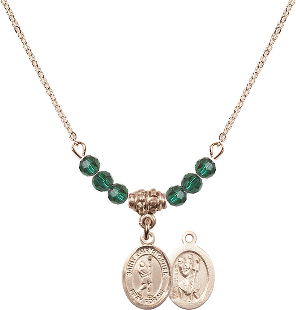 14kt Gold Filled Saint Christopher/Lacrosse Birthstone Necklace with Emerald Beads - 9144
